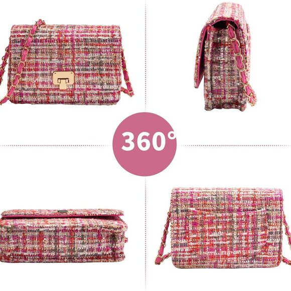 Elegant Quilted Tweed Shoulder Bag with Adjustable Chain Strap for Women - Picture 5 of 6